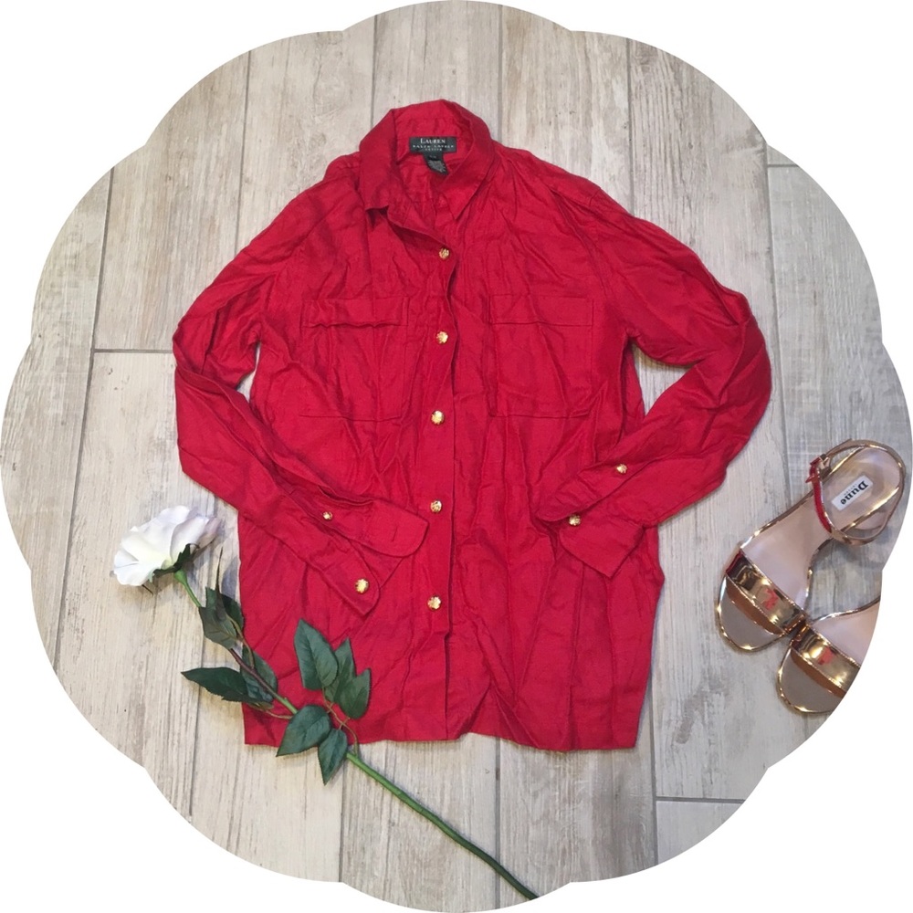 Ralph Lauren Red Linen Long Sleeve Blouse